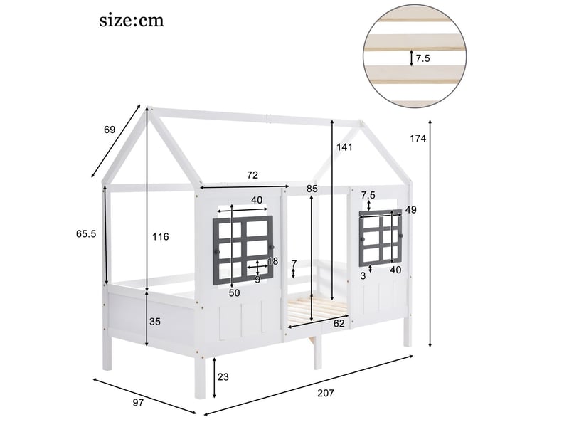  Lit cabane enfant 90x200cm - avec 2 fenêtres et 2 tiroirs - lit enfant - bois massif, barrières de sécurité, blanc  - Conforama C