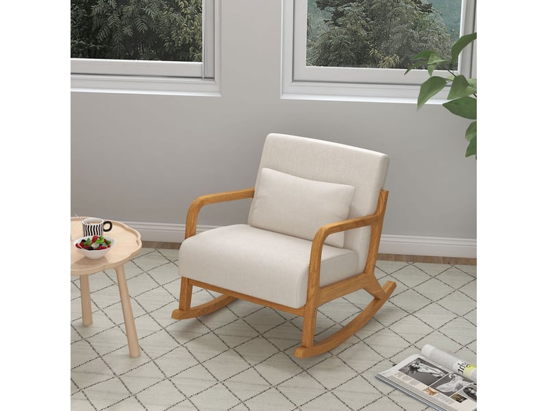 Rocking-chair rembourré avec fonction bascule, coussin lombaire amovible et accoudoirs, en bois crème - Conforama B