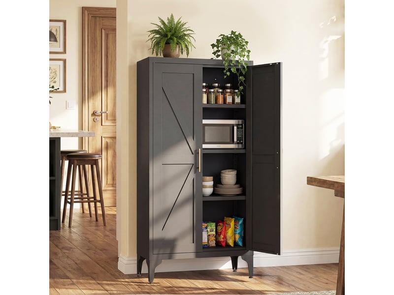  Armoire métallique noire 2 portes avec étagères réglables, rangement cuisine et bureau  - Conforama E