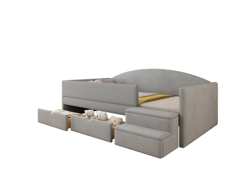 Lit enfant 90x190 cm avec 2 tiroirs et escaliers, gris, matelas non inclus - Conforama D