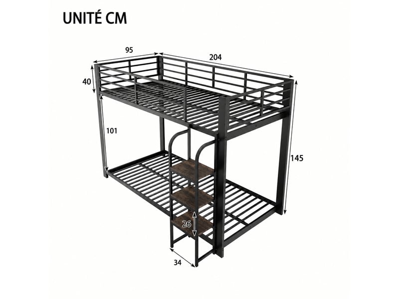  Lit superposé 90 x 200 cm en métal noir avec marches larges en bois et barrière haute  - Conforama C