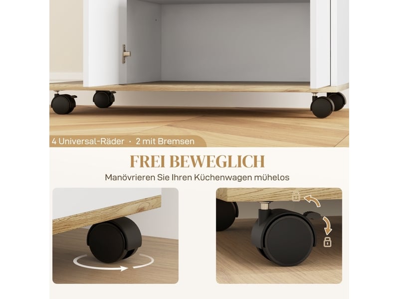  Desserte de cuisine 80x40x82 cm, avec armoire, 2 portes, étagères réglables, sur roulettes, meubles de cuisine, bois  - Conforama E