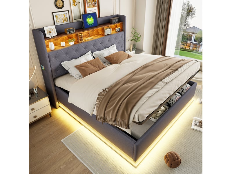  Lit 2 places rembourré 180x200 cm – gris – coffre hydraulique, led multicolores et port usb – sans matelas  - Conforama B