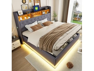 Lit 2 places rembourré 180x200 cm – gris – coffre hydraulique, led multicolores et port usb – sans matelas