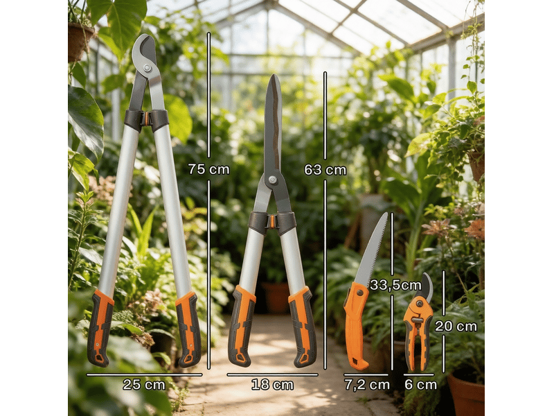  Outils de jardin, set de 4 pièces en aluminium orange : ébrancheur, taille-haie, sécateur et scie pliante  - Conforama C