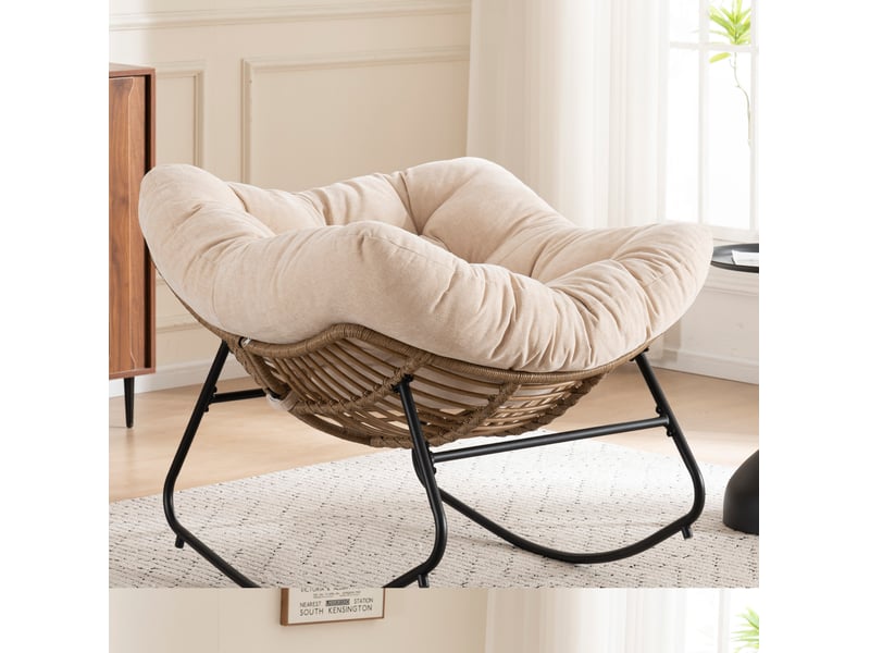  Fauteuil à bascule avec assise enveloppante et structure stable, pour salon et chambre, en chenille beige  - Conforama B