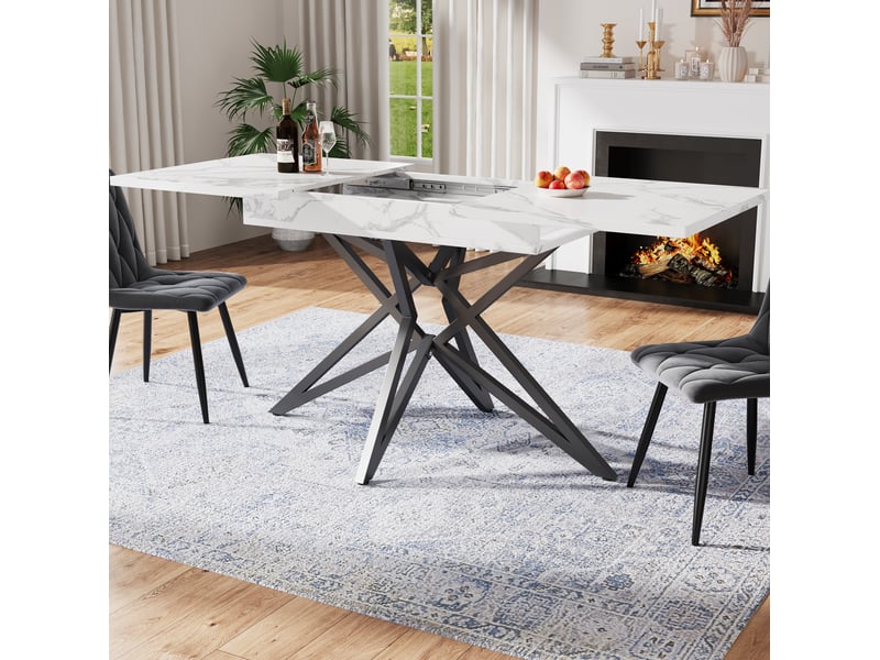  Table repas extensible avec 4 chaises, effet marbre blanc et velours gris foncé evryae  - Conforama B
