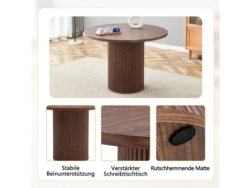  Table à manger ronde plateau 4 segments avec rangement - lpospi - pied cylindrique mdf noyer 100 cm  - Conforama E