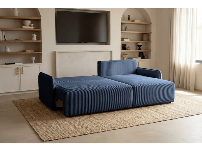  Sacha - canapé d'angle convertible petit velours côtelé 3 places bleu  - Conforama E