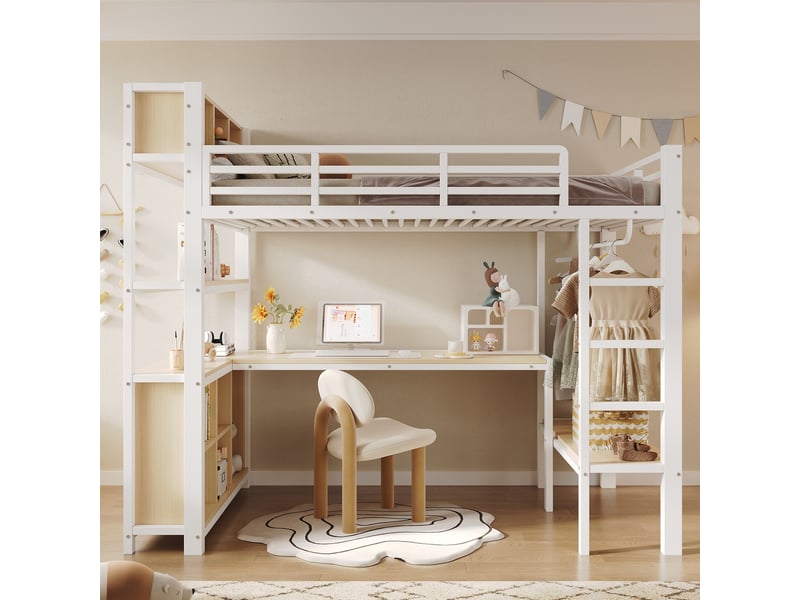  Lit mezzanine 90x200cm - lit haut en métal avec bureau, penderie, étagères de rangement &amp; tête de lit - blanc  - Conforama C
