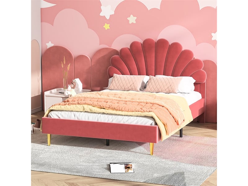 Lit 140x200cm - lit double 140x200cm - lit rembourré en velours avec tête de lit design coquillage et sommier - bordeaux - Conforama D