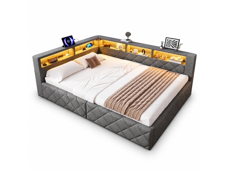  Lit banquette coffre 140x200 cm en lin avec rangement hydraulique, led, usb, tête de lit avec étagères, lit double rembourré - gris  - Conforama A