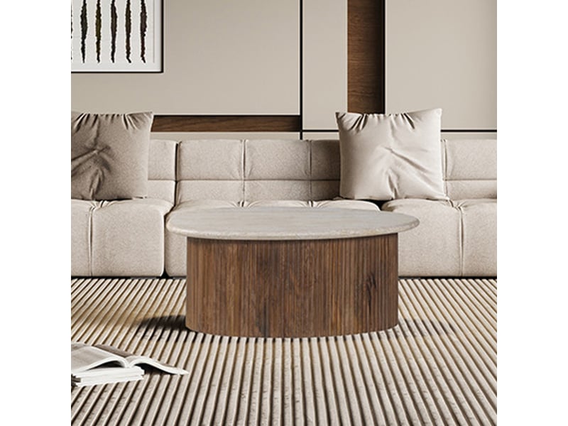  Table basse en travertin et bois de manguier 90 cm  - Conforama D