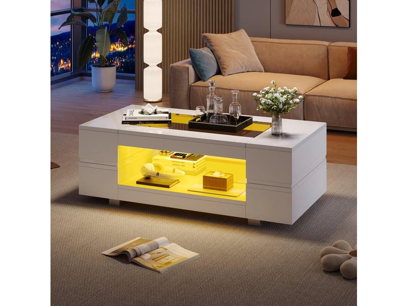  Table basse led blanche 100 x 50 x 35 cm avec rangement et application mobile  - Conforama E