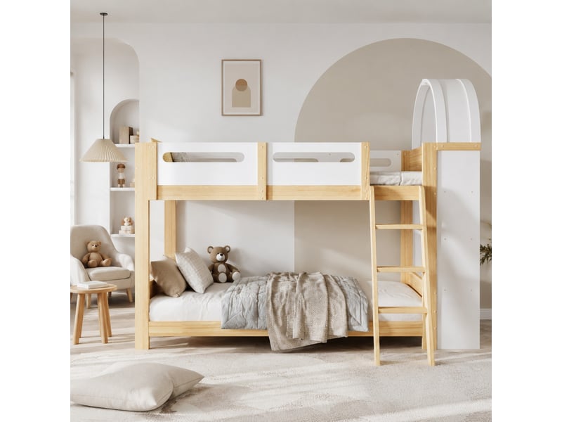  Lit superposé enfant 2 places 90×200 cm, étagères, barrière  - sans matelas, pin et mdf - blanc naturel  - Conforama C
