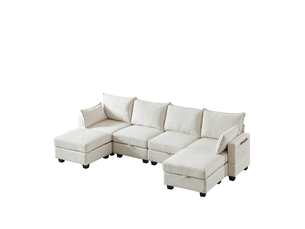 Canapé d'angle gauche fixe <strong></strong> <strong></strong> 6 places Tissu beige avec coffre de rangement