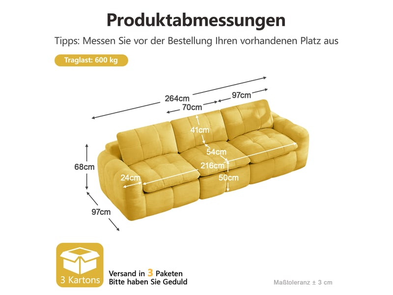 Canapé modulaire 3 places 264x97x68cm, sans montage, ergonomique, design à carreaux, matériau chenille, couleur jaune - Conforama C