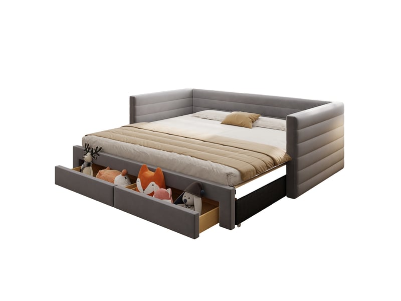  Lit gigogne 3-en-1 90x190 cm, lit 2 places et enfant, avec tiroirs, banquette, design moderne, mdf, gris, sans matelas  - Conforama A