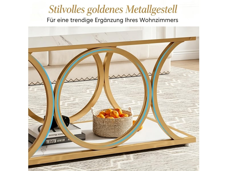  Table basse rectangulaire 2 niveaux blanche et dorée, effet marbre et métal, avec rangement pour le salon  - Conforama D