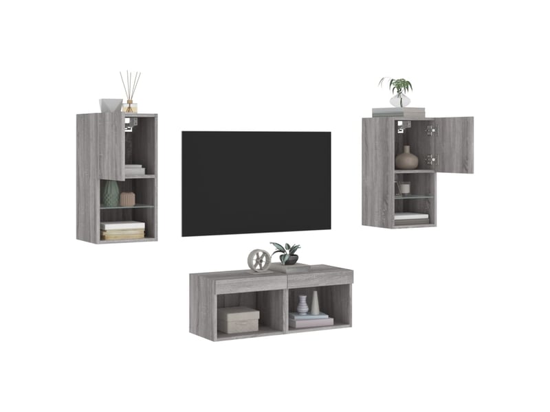  Meuble tv - banc tv - meuble de rangement muraux 4 pcs avec lumières led sonoma gris  - Conforama E