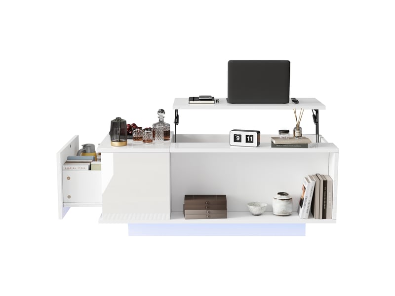 Table basse relevable avec 1 tiroir et rangement caché, led, plateau semi-ouvert, pour salon, blanc, 100 x 50 x 40 cm - Conforama A