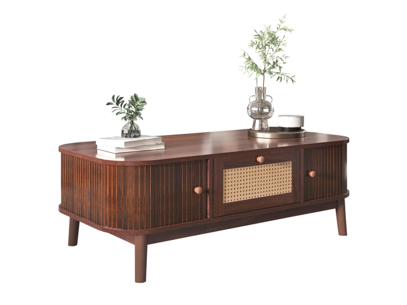  Table basse naturel, rangement, rotin, portes coulissantes, design moderne, façade texturée - mdf et bois et rotin - 110x55x38.5cm  - Conforama A