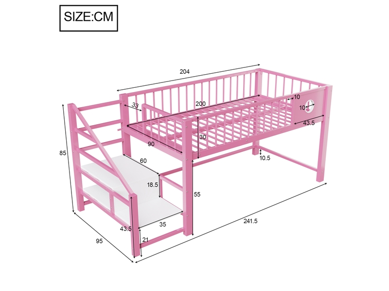 Lit mezzanine 90x200 cm avec escalier de rangement en mdf et métal rose - Conforama E