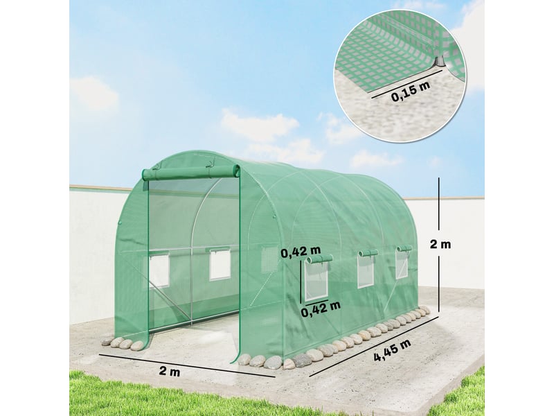 Serre tunnel de jardin 445 x 200 x 200 cm avec 6 fenêtres et bâche en polyéthylène vert 140 gm².  - Conforama E