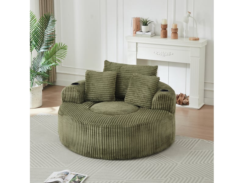 Fauteuil lounge rond 1 place en velours côtelé vert avec 3 coussins - Conforama W