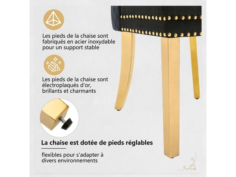  Lot de 2 chaises de salle à manger velours noir avec anneau au dos et pieds en acier inoxydable doré  - Conforama R