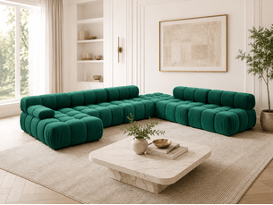 Canapé panoramique modulable VENUS avec méridienne à gauche et pouf – velours vert – 376 × 282 cm