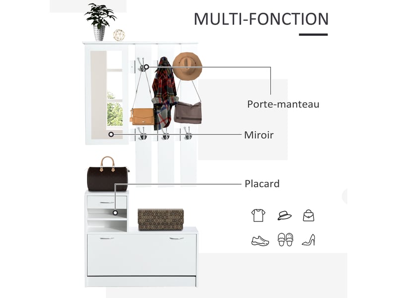  Ensembles 3 en 1 de meuble d'entrée vestiaire avec panneau porte-manteau, blanc, miroir et banc à chaussures - 6 crochets et étagère réglable  - Conforama A