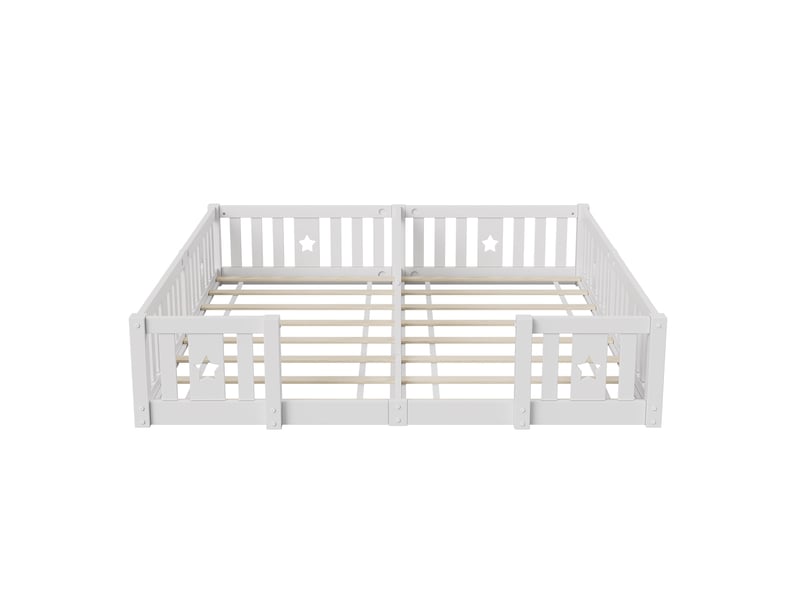  Lit enfant 90x200(x2), lit au sol avec barrière et sommier, bois de pin massif, motif étoiles, style montessori, blanc  - Conforama A