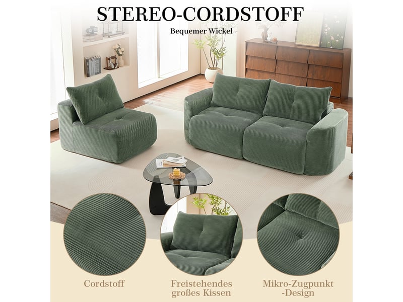 Canapé modulable 3 places 279x100x84 cm en configuration 2+1, siège amovible, formes arrondies, 3 coussins dossier, velours côtelé vert sauge - Conforama E