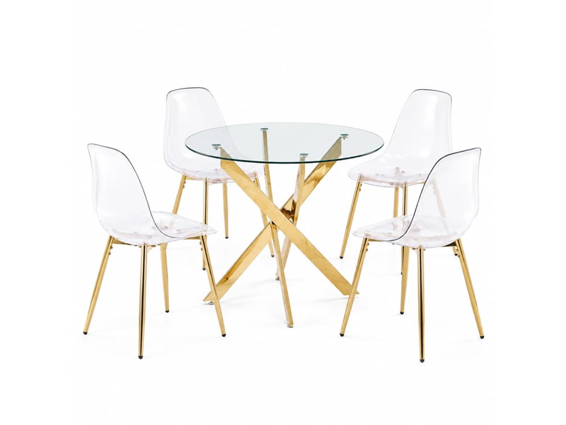  Lot de 5 ensemble repas avec table ronde en verre et 4 chaises transparentes, piètement métal doré chic  - Conforama A