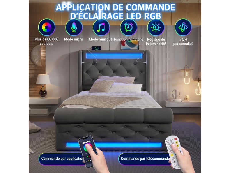  Lit 90x200 cm avec rangement, led, usb et type-c, velours gris  - Conforama D