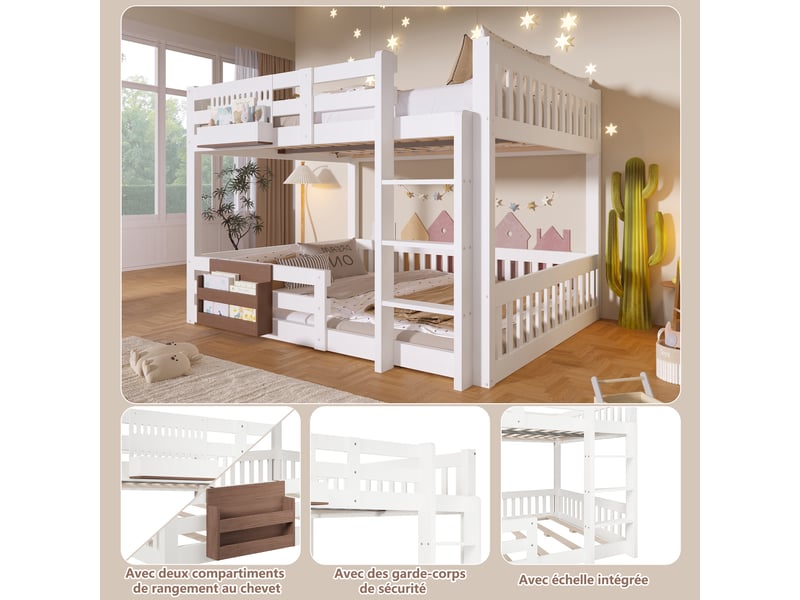  Lit superposé enfant 140x200 cm avec rangements, garde-corps de sécurité et échelle intégrée, métal, mdf et pin, blanc Sol Morn - Conforama E