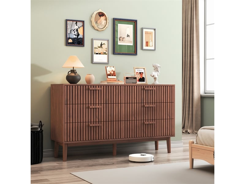  Commode 100x34x73cm - commode de chambre 6 tiroirs à façade cannelée et pieds surélevés - noyer  - Conforama D