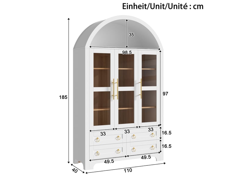  Buffet blanc 110x40x185 cm mdf et panneaux de particules 3 portes vitrées 4 tiroirs rangement ouvert Sol Morn - Conforama C