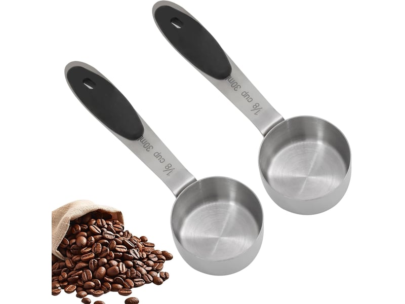  Tasse à mesurer de 30 ml (18 tasse), 2 cuillères doseuses à café en acier inoxydable, tasse à mesurer à café en métal avec poignée en silicone noir  - Conforama A