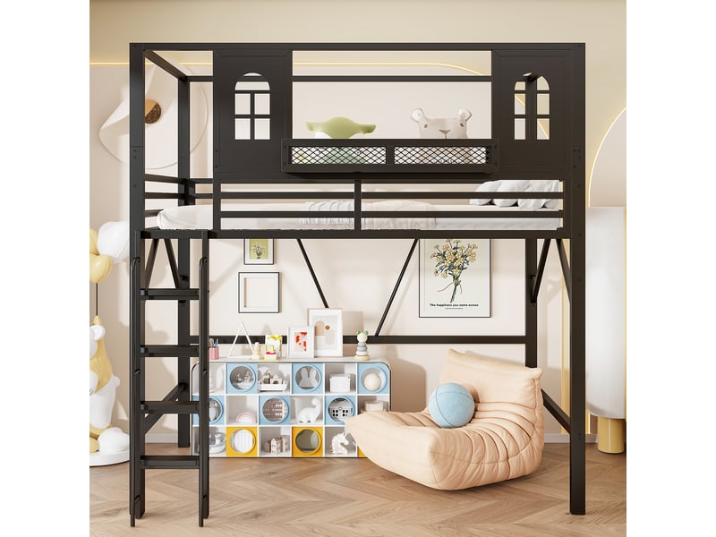  Lit surélevé enfant 90 x 200 cm, design maison, échelle de sécurité, compartiment et espace jeu, noir  - Conforama C