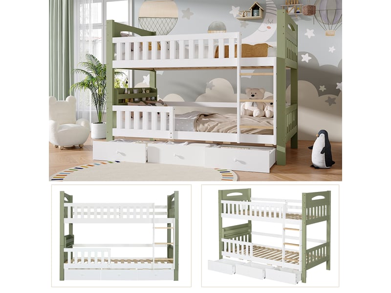  Lit superposé enfant 90x200 cm - avec 3 tiroirs - avec échelle - rayonnage de stockage - bois massif + mdf - blanc + vert (sans matelas)  - Conforama R