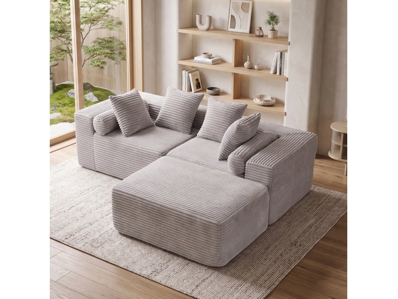  Canapé modulable d'angle 3 places compressé 266x110x60 cm en mousse douce et velours côtelé couleur gris  - Conforama E