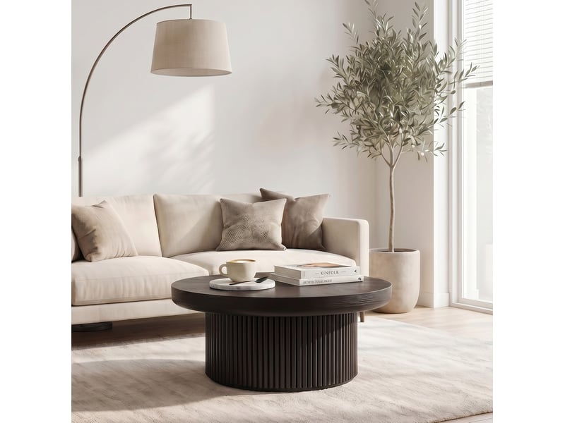  Table basse ronde 78 cm – noir – plateau épais 8 cm, motif parquet et base cannelée moderne pour salon  - Conforama B
