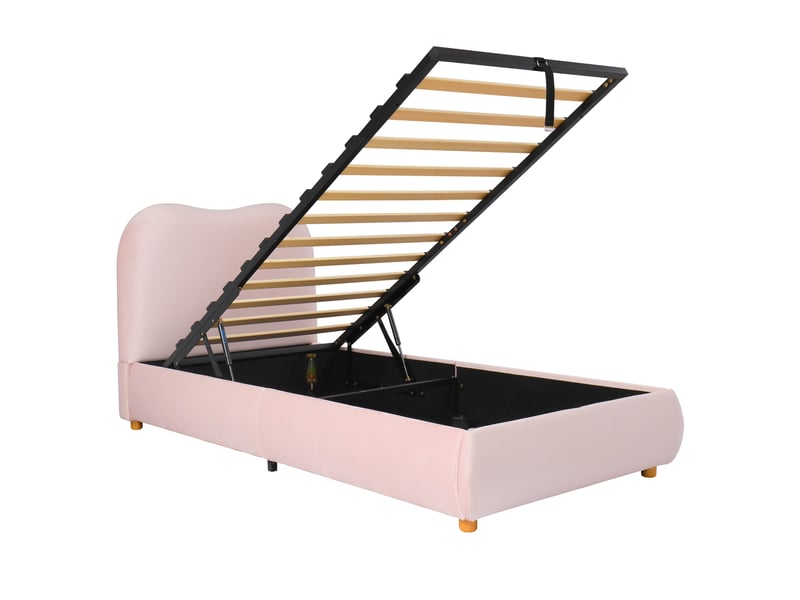  Lit d'enfant 90 × 200 cm, rangement hydraulique, avec sommier, tête de lit, velours, rose  - Conforama R
