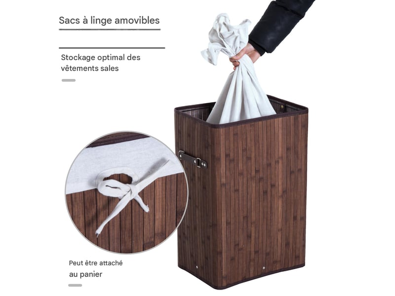  Panier à linge 72 l avec couvercle en bambou marron foncé 40 x 30 x 60 cm  - Conforama D