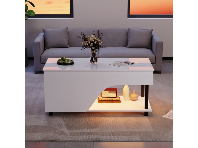  Table basse relevable avec rangement caché et étagères réglables et led, pour salon, en panneau de particules, blanc - uvrion  - Conforama C