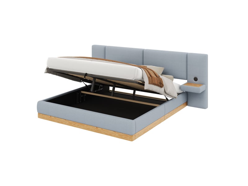 Lit coffre rembourré 180x200 cm - avec étagères en tête de lit et ports usb - tissu teddy + pu - gris+naturel (sans matelas) - Conforama A