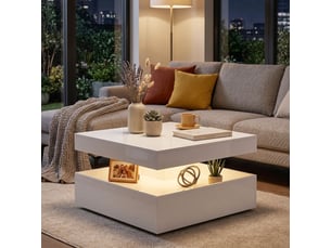 Table basse avec 2 niveaux et rangement ouvert, led avec télécommande, finition brillante, en panneau de fibres, blanc