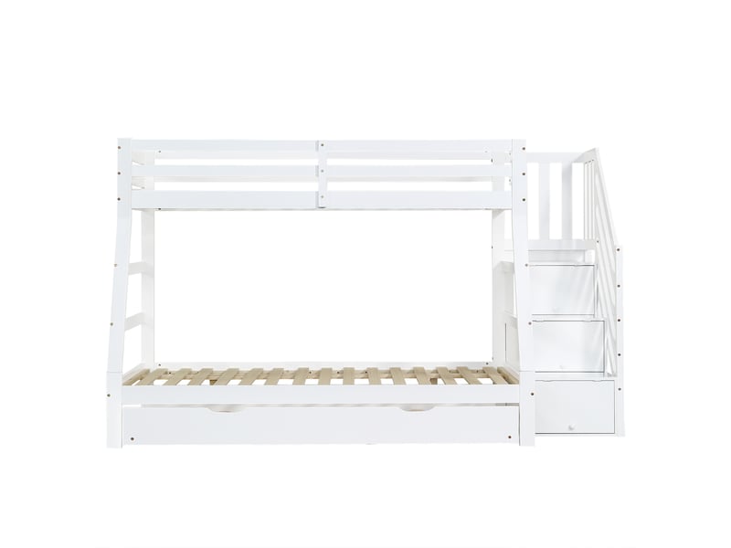 Lits superposés 90x200cm lit gigogne avec escalier et compartiment et barrières - lit en bois - blanc (sans matelas) - Conforama E